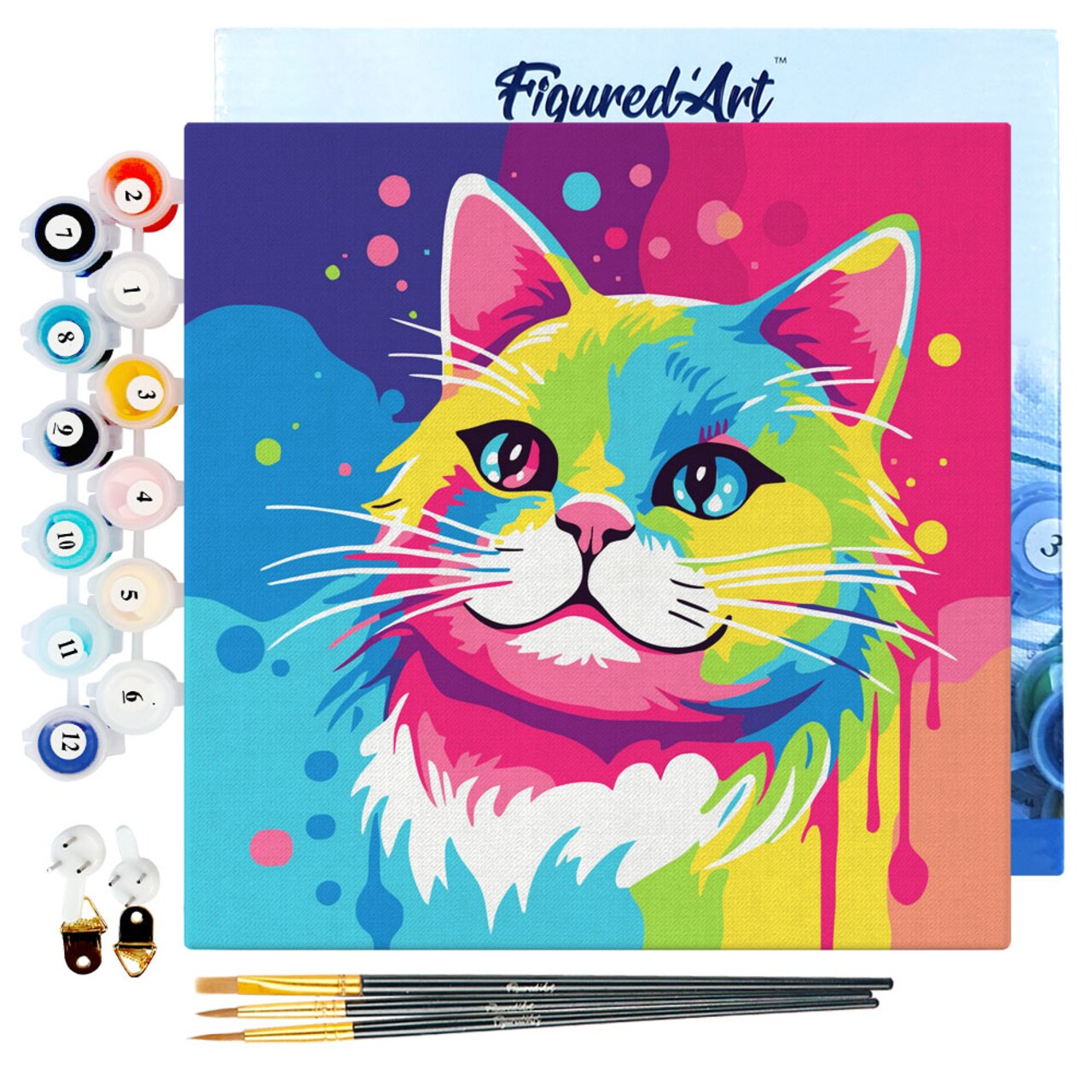 Figured'Art Mini Paint by Numbers Kit for Adults with Frame Cat Abstract Pop Art Small format 8"x8" - Craft Art Painting DIY Canvas Already Stretched on a Wooden Frame